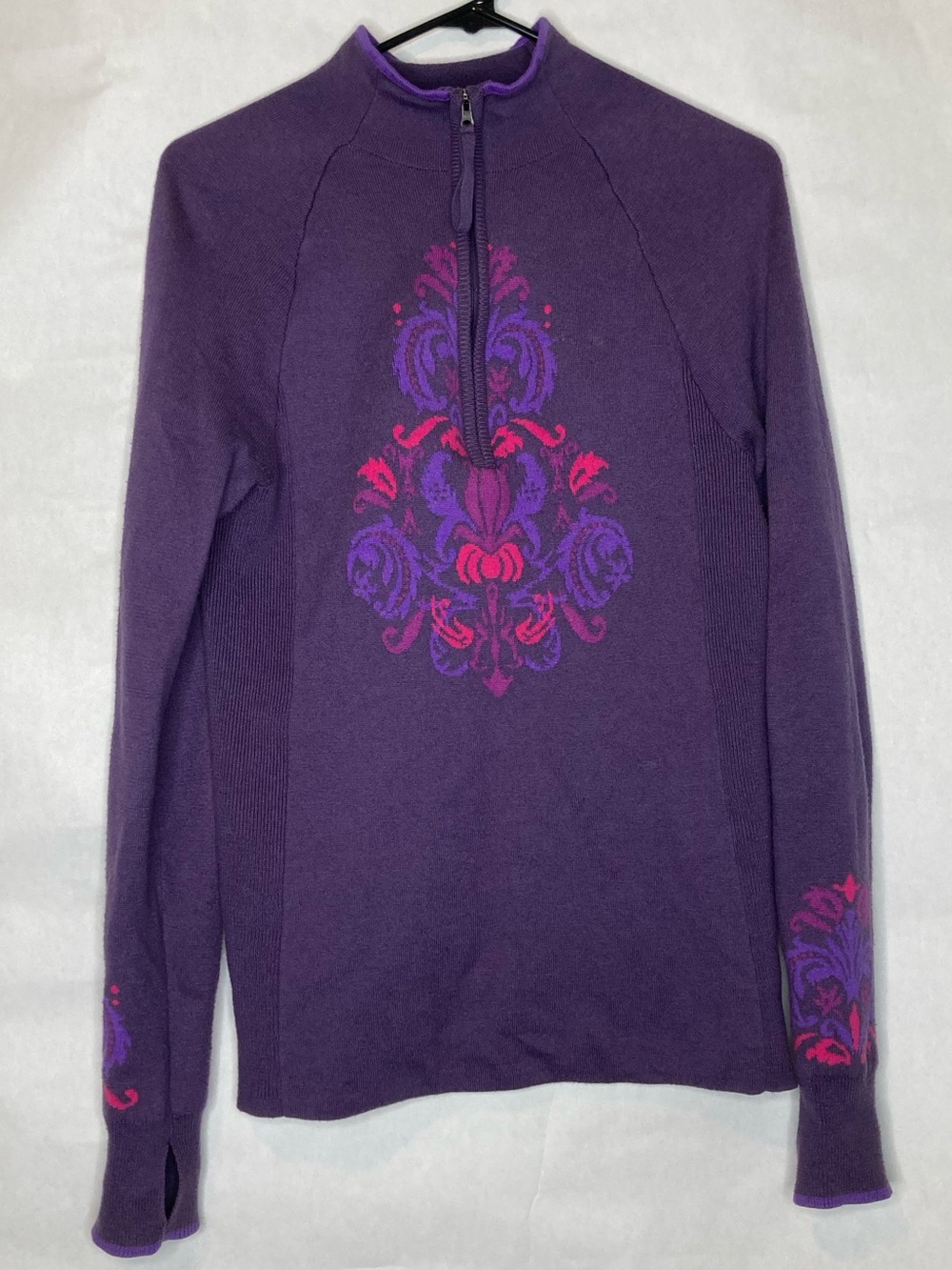 Athleta Size Medium Stoked 1/2 Zip Pullover Knit Sweater Purple Floral Lotus